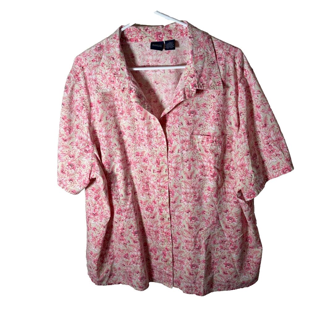 Basic Editions Shirt Women's 3X Pink Brown Floral Button Up Short Sleeve Top